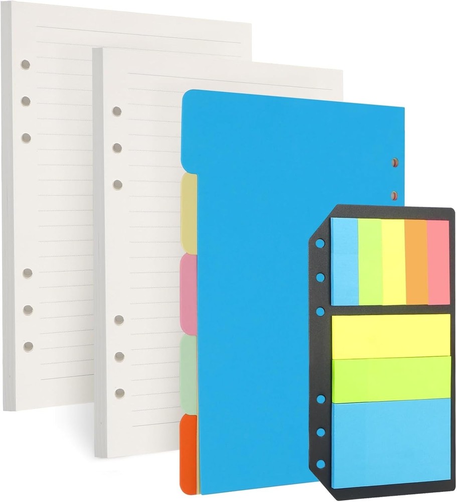 A5 Lined Paper Inserts - 180 Pages, 5 Dividers & Sticky Notes for Study