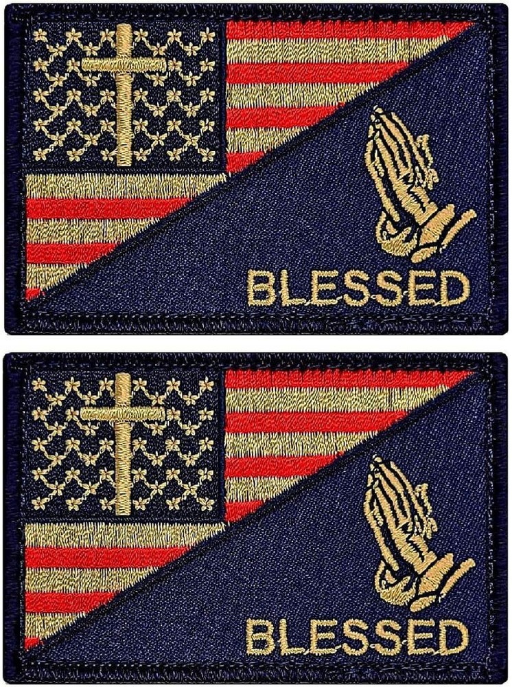 Blessed Praying Hand Cross USA Flag Subdued Patch ||2PC Hook Backing  3"x2"