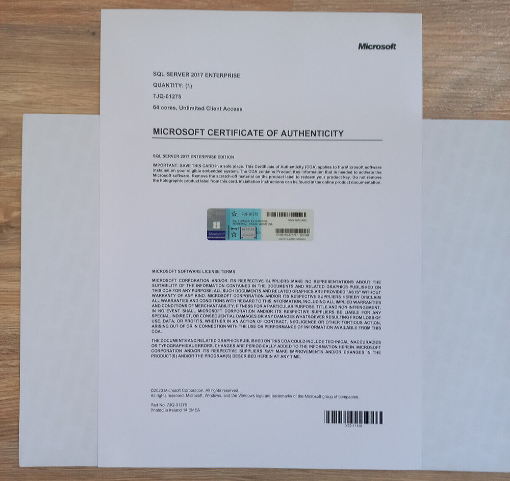 Microsoft SQL Server 2017 ENTERPRISE 64 Core Unlimtd CAL CoA Authentic 7JQ-01275