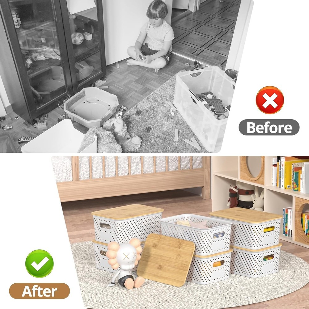 6 Pack Plastic Storage Bins W/ Bamboo Lids Stackable Small Box Baskets Container