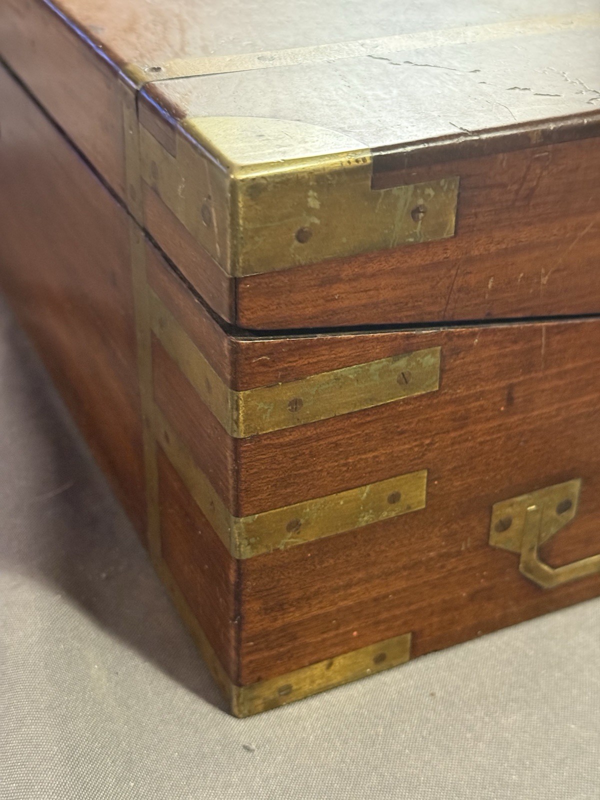 Early Antique Wood & Brass Bound Military Campaign Writing Desk