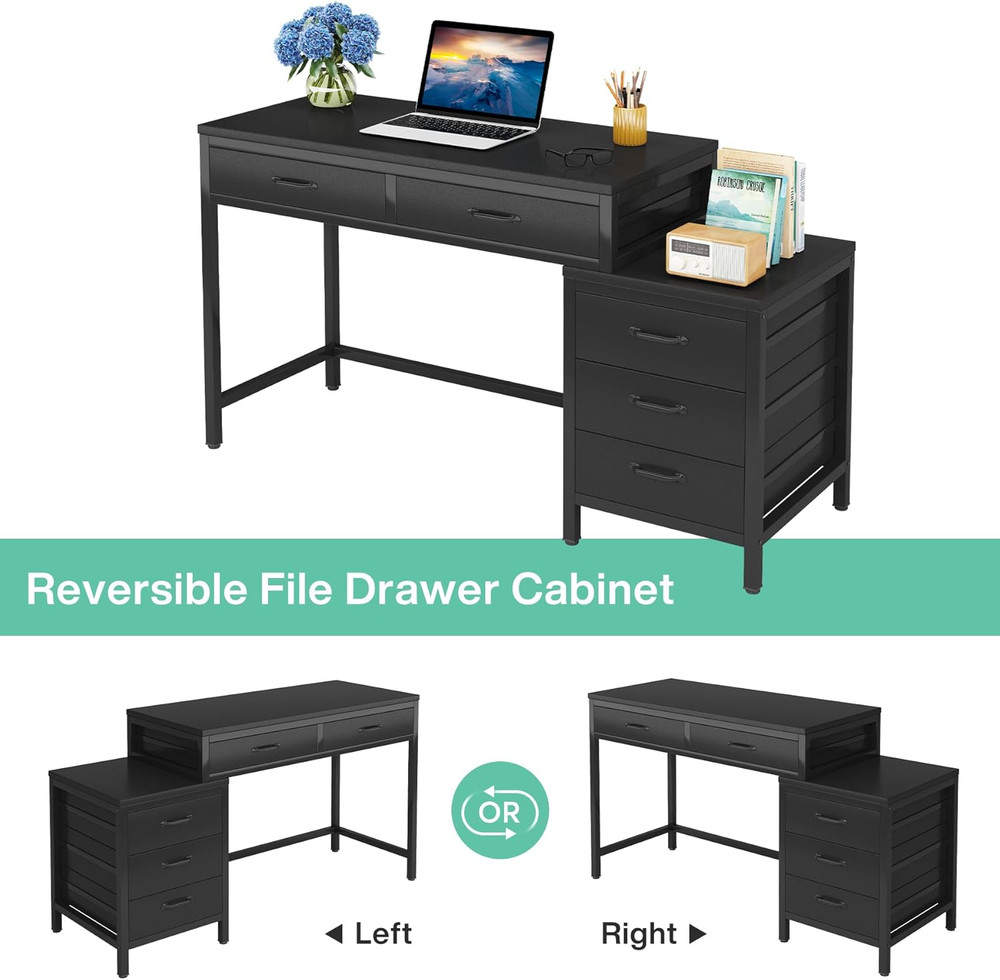 Rustic Computer Desk with 5 Drawers & Printer Stand for Small Spaces