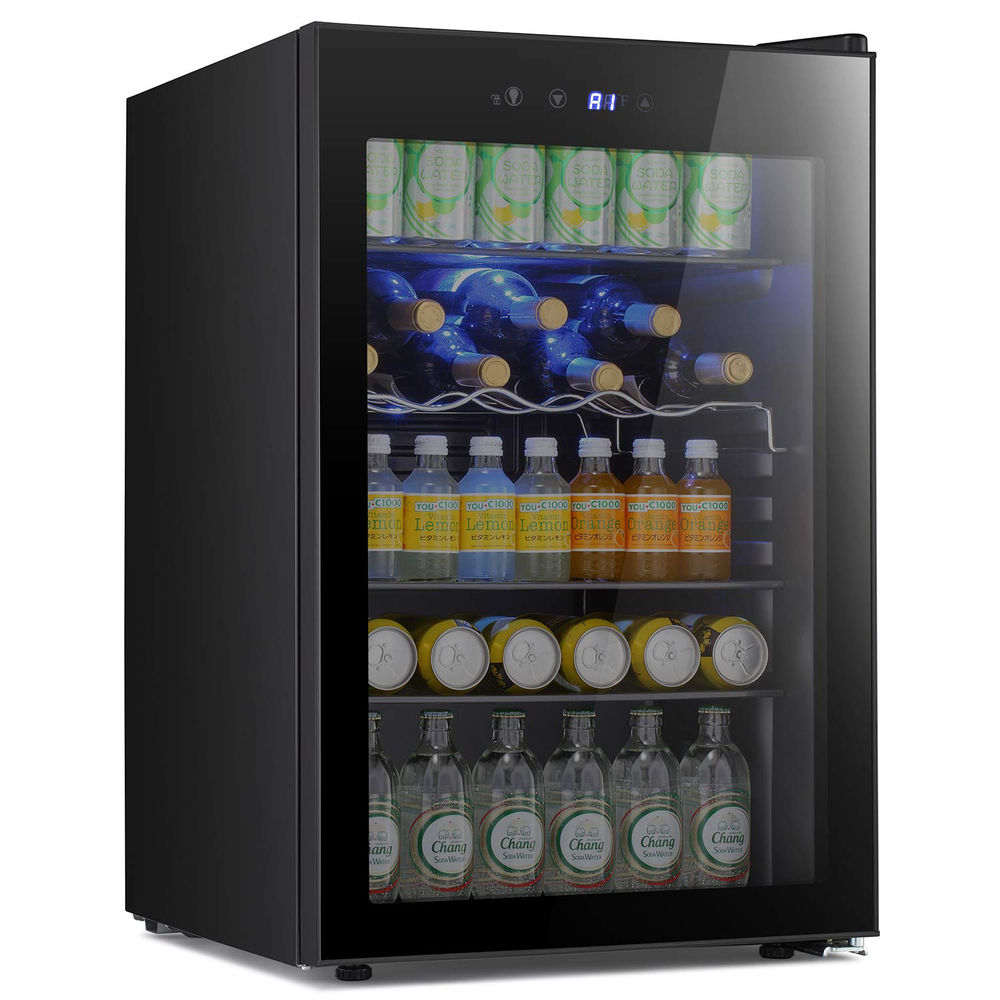 YUKOOLMini Beverage Refrigerator, Freestanding Wine Cooler, Adjustable Wine Rack