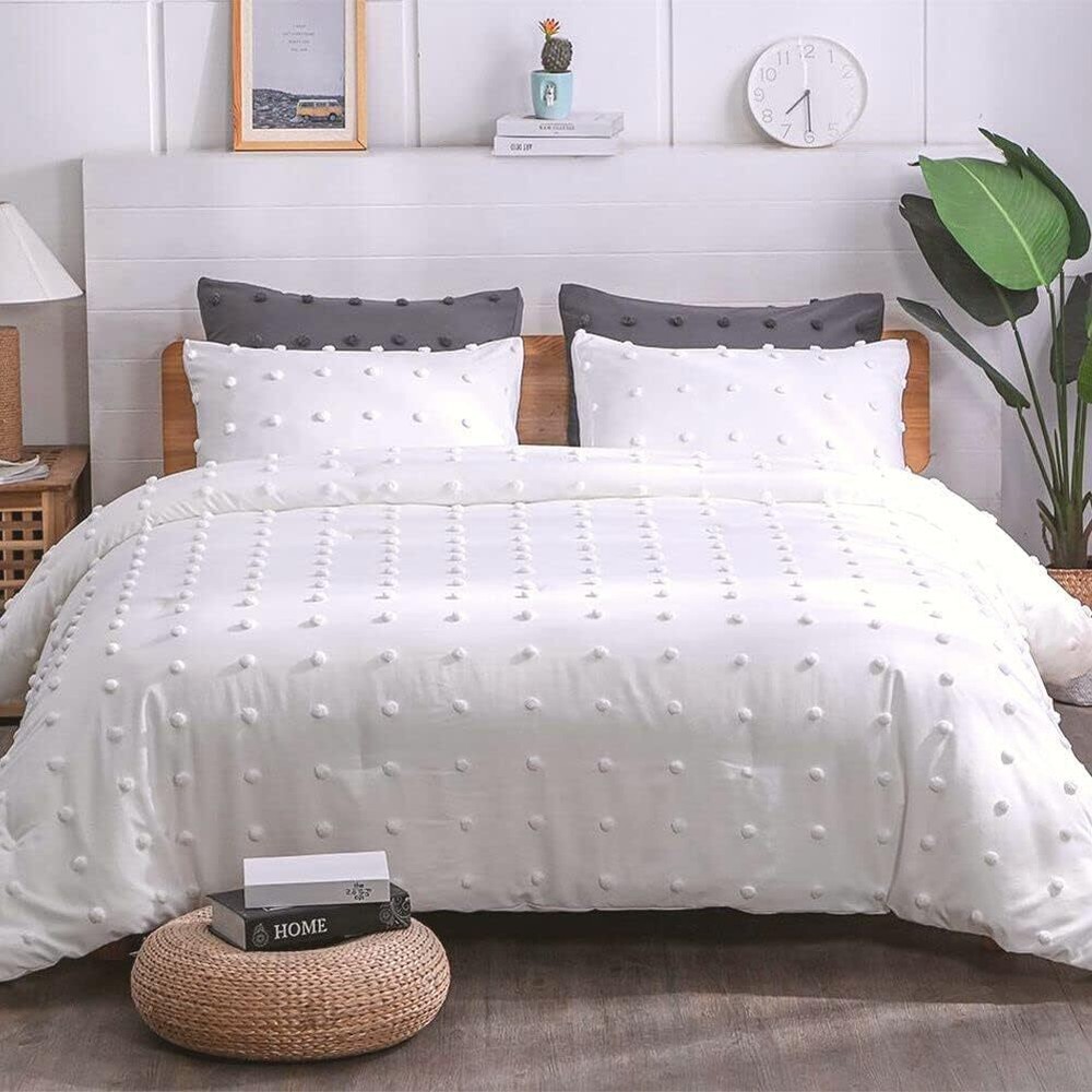 Tufted White Full Comforter Set,3 Piece - Soft Cotton Lightweight Comforter Set