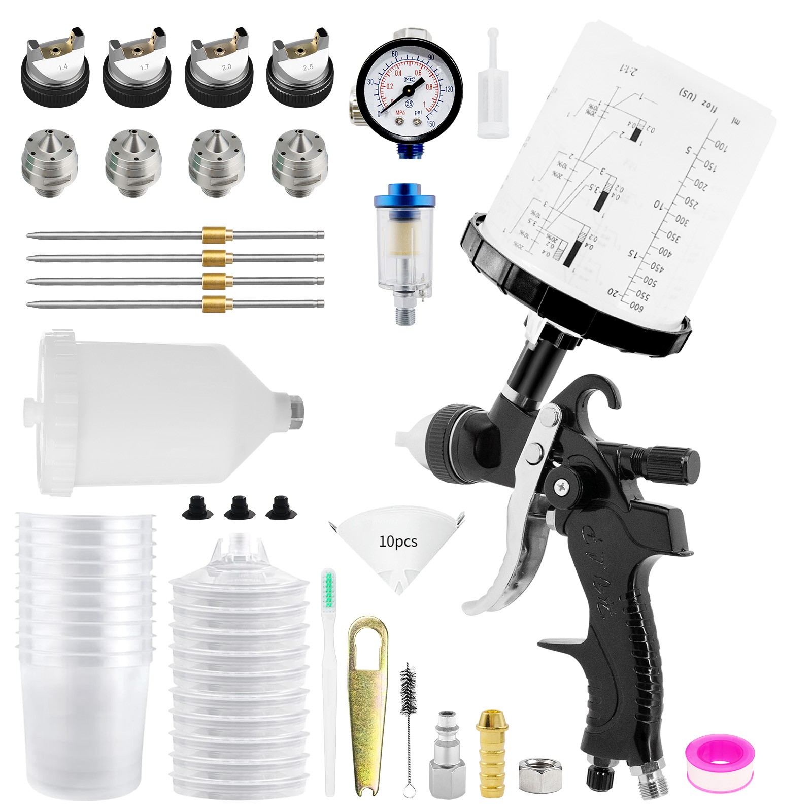 Hvlp Spray Gun W/1.4/1.7/2.0/2.5mm Gravity Feed Air Paint Gun for Car Painting