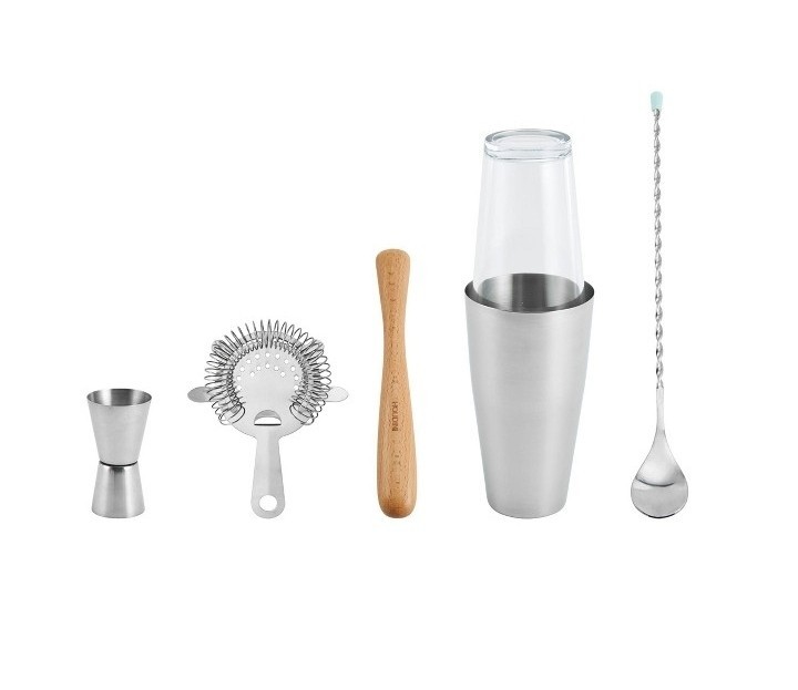🧷 HOUDINI 5 pc BAR SET, DOUBLE JIGGER,COCTEL STRAINER, SILVER 🆕 as shown