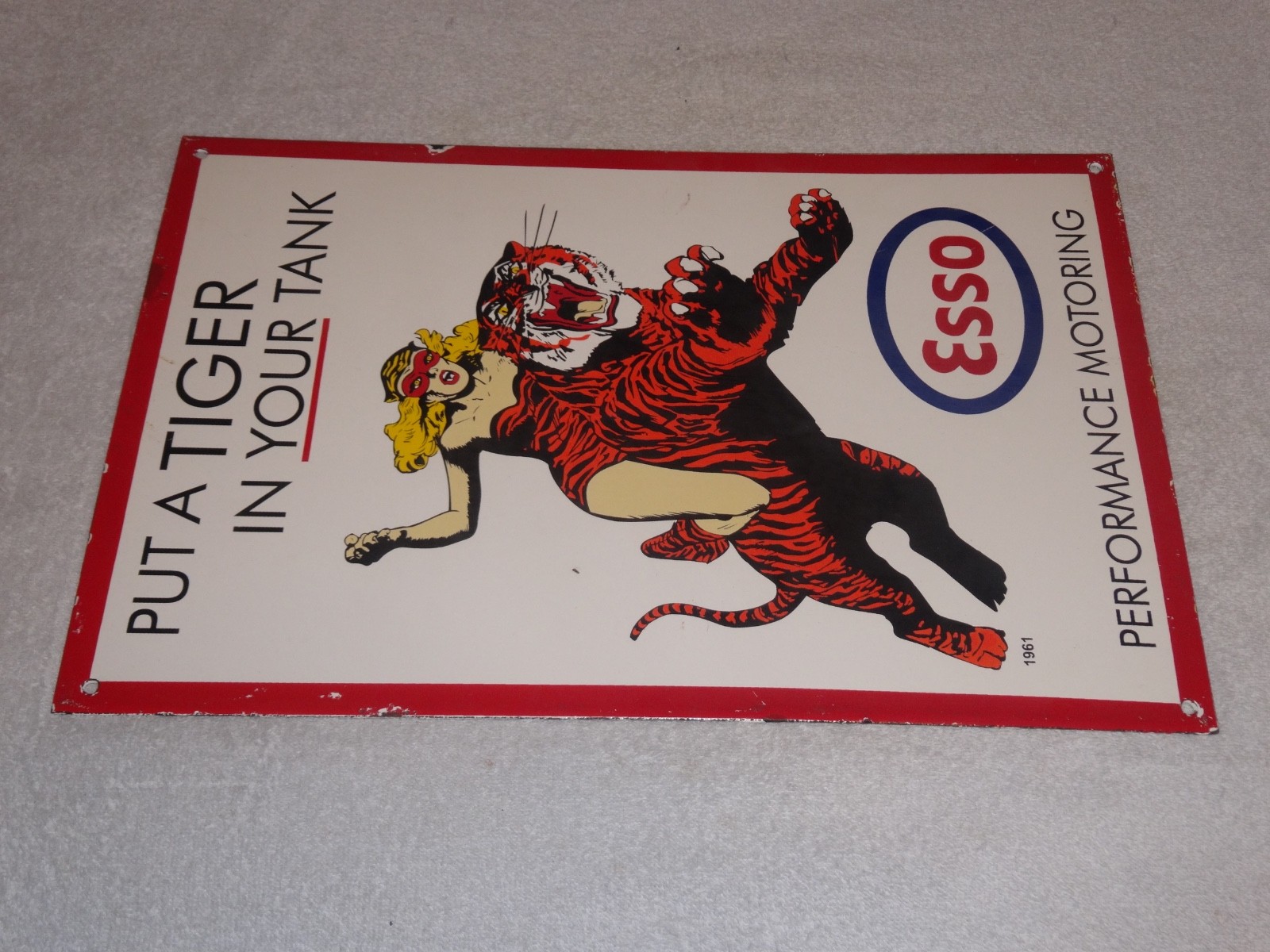 VINTAGE 1961 "ESSO CAT WOMAN RIDING TIGER" 18" PORCELAIN METAL GASOLINE OIL SIGN