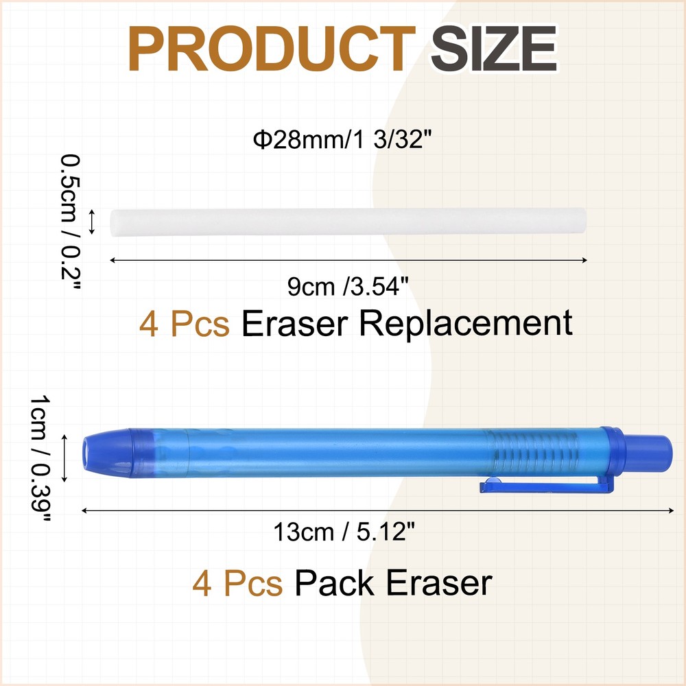 4+4Pcs Retractable Eraser Pen, with 4Replacement Rubber Refill, Blue TPE