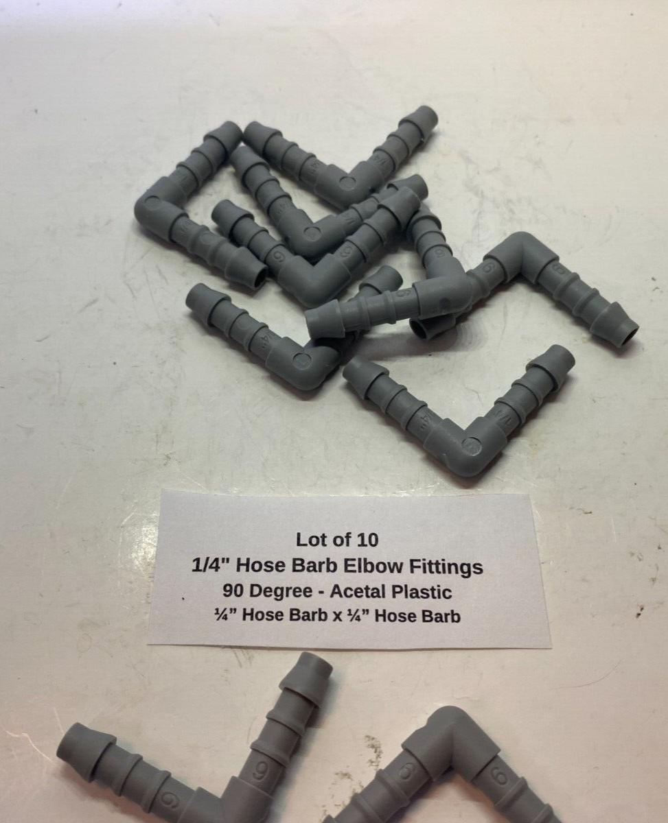 Lot of 10 1/4" Hose Barb Elbow Fittings - 90 Degree - Acetal Plastic - 1/4" Barb
