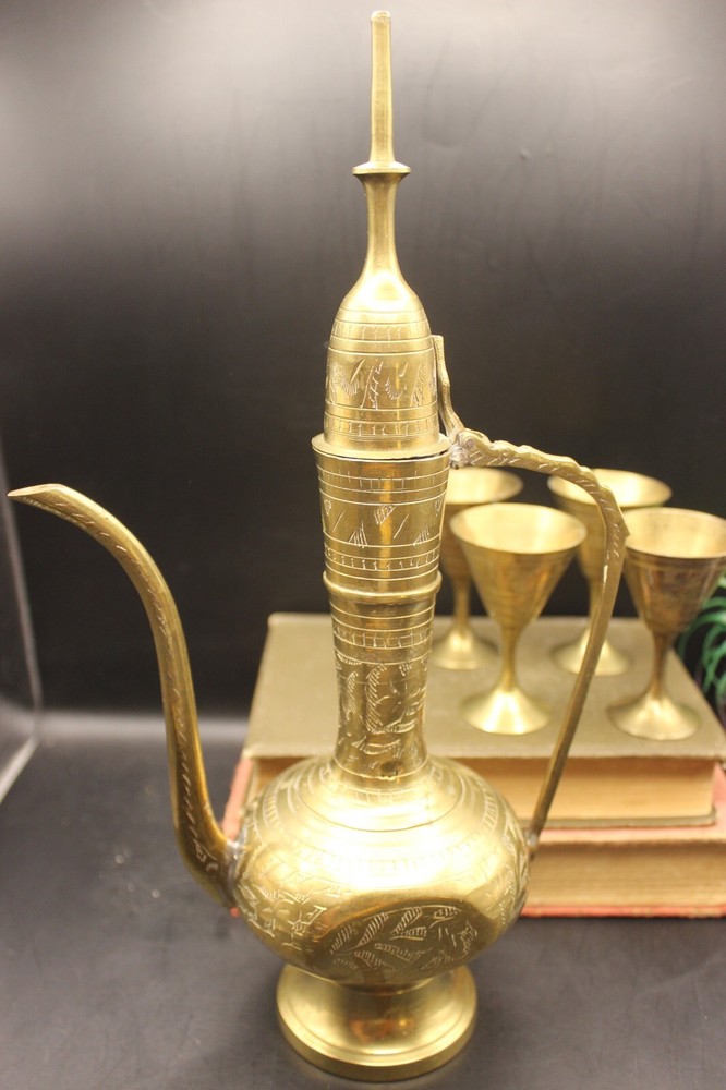 Brass Tea Pot Hinged Lid + 4 Goblets Indian Middle Eastern Service Set