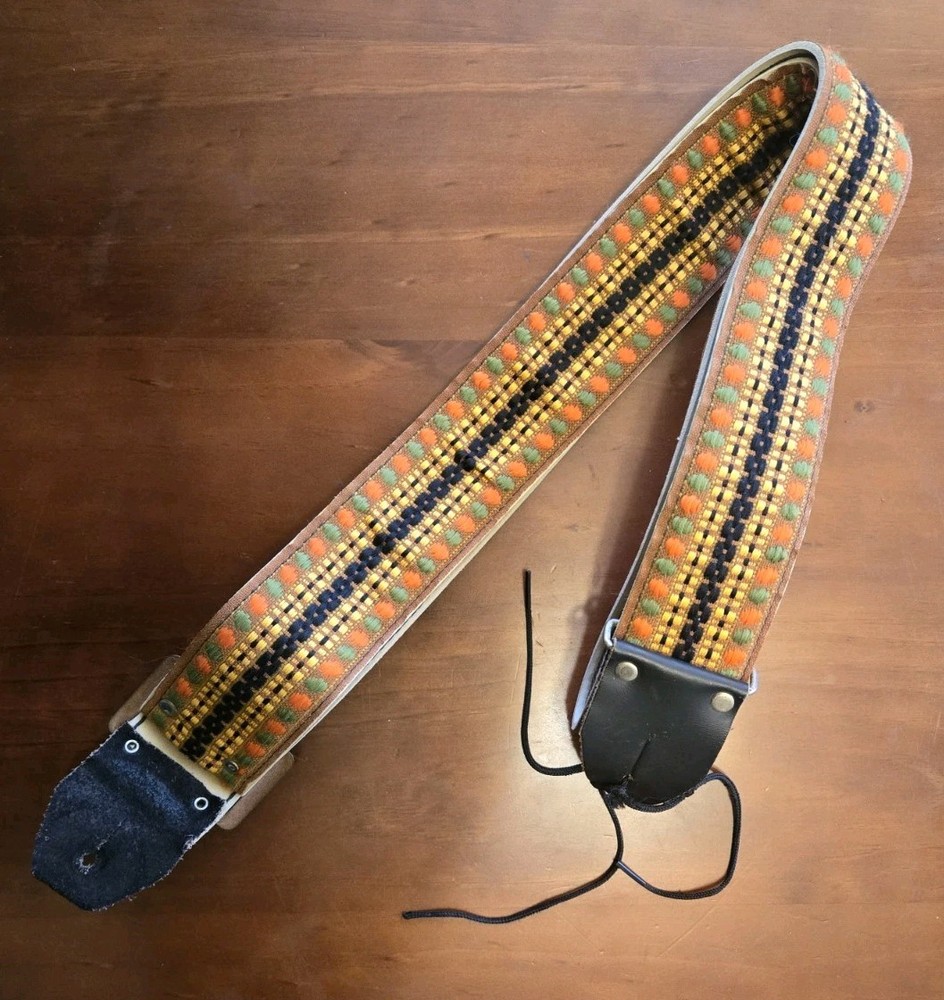Ace Style Guitar Strap. Fabric Weave w/ Leather Ends. Vintage