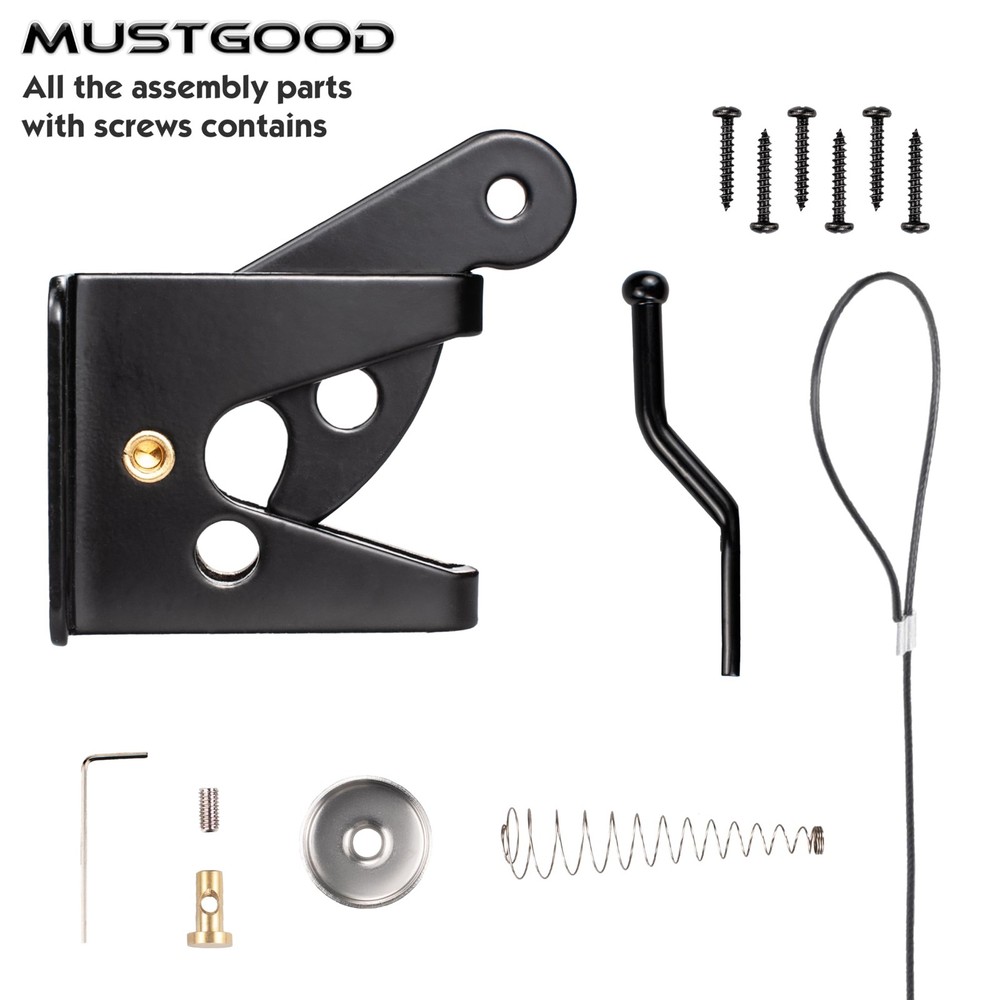 MustGood Self-Locking Gate Latch with Stainless Steel Spring Cable Pull Black