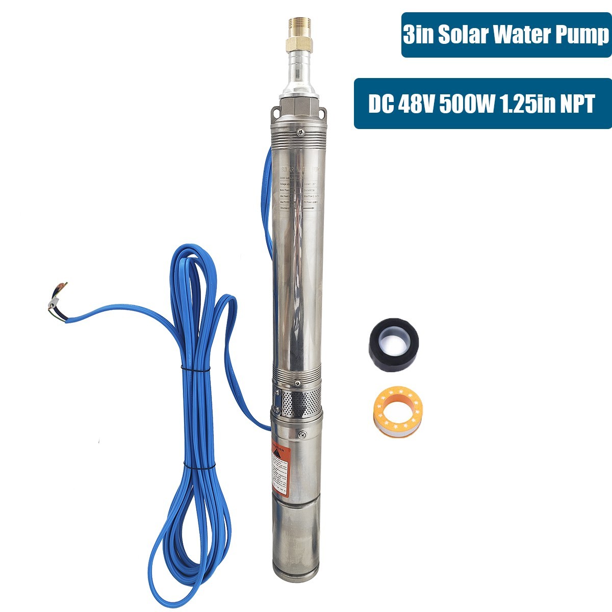 500W 3" DC 48V Solar Pump Submersible Pump Bore Deep Well Pump 33ft Copper Wire