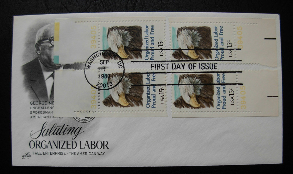 1831 Organized Labor FDC - Matched Set Single Plate #s