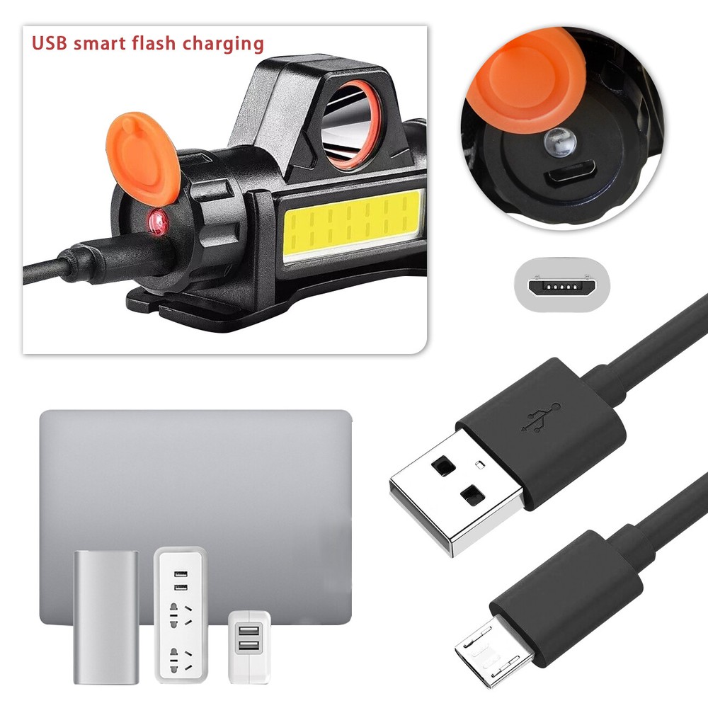 2 PACK LED COB Headlamp Waterproof USB Rechargeable Head Torch Headlight 2 Modes