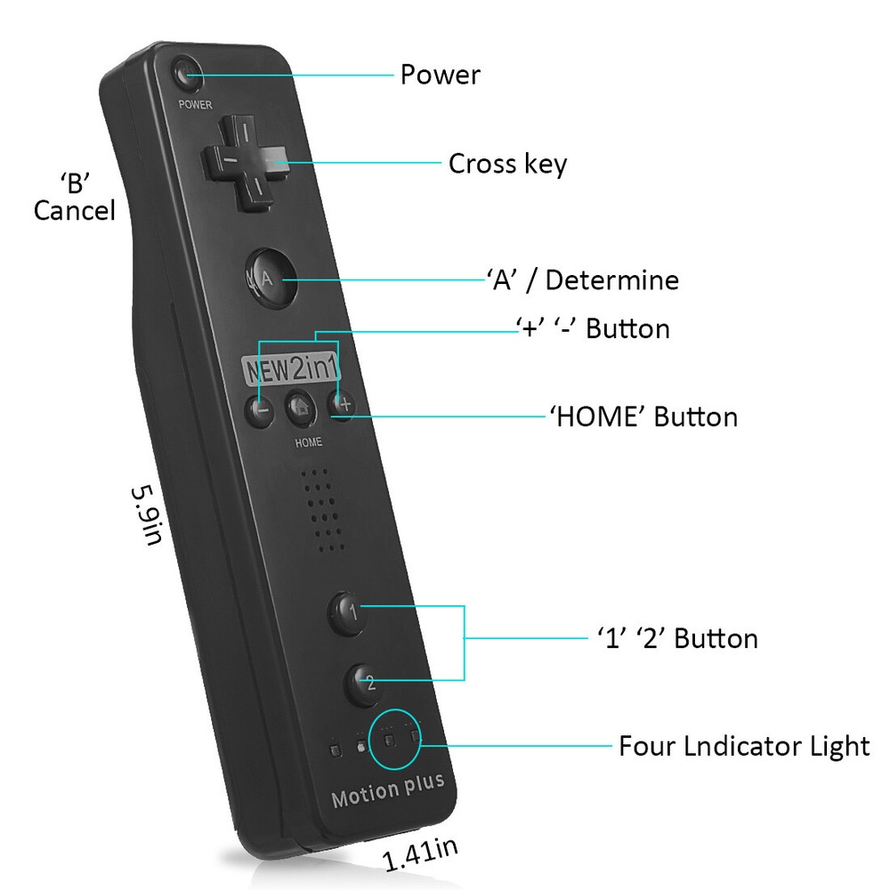 2 in 1 Motion Plus Remote Nunchuck Controller Set for Nintendo Wii & Wii U Black