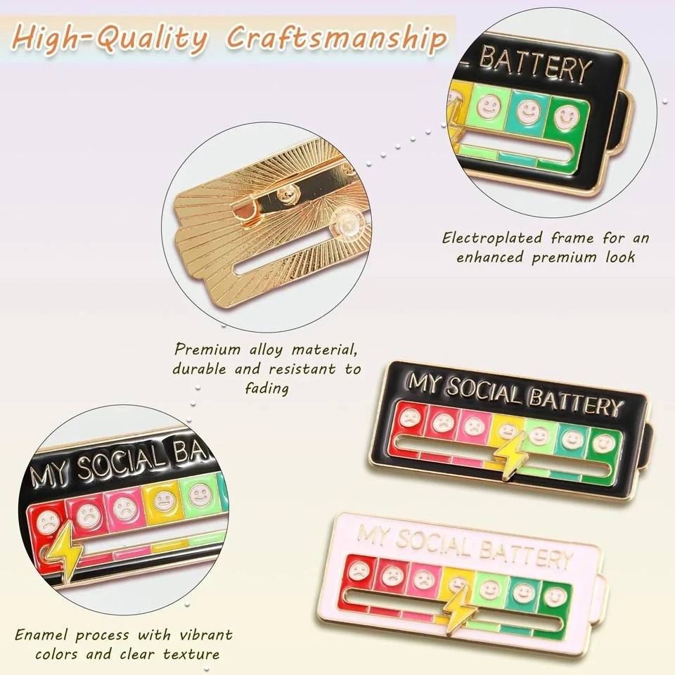 2pcs Funny Social Battery Slider Pin – 7-Mood Expression Badge, Interactive Pin