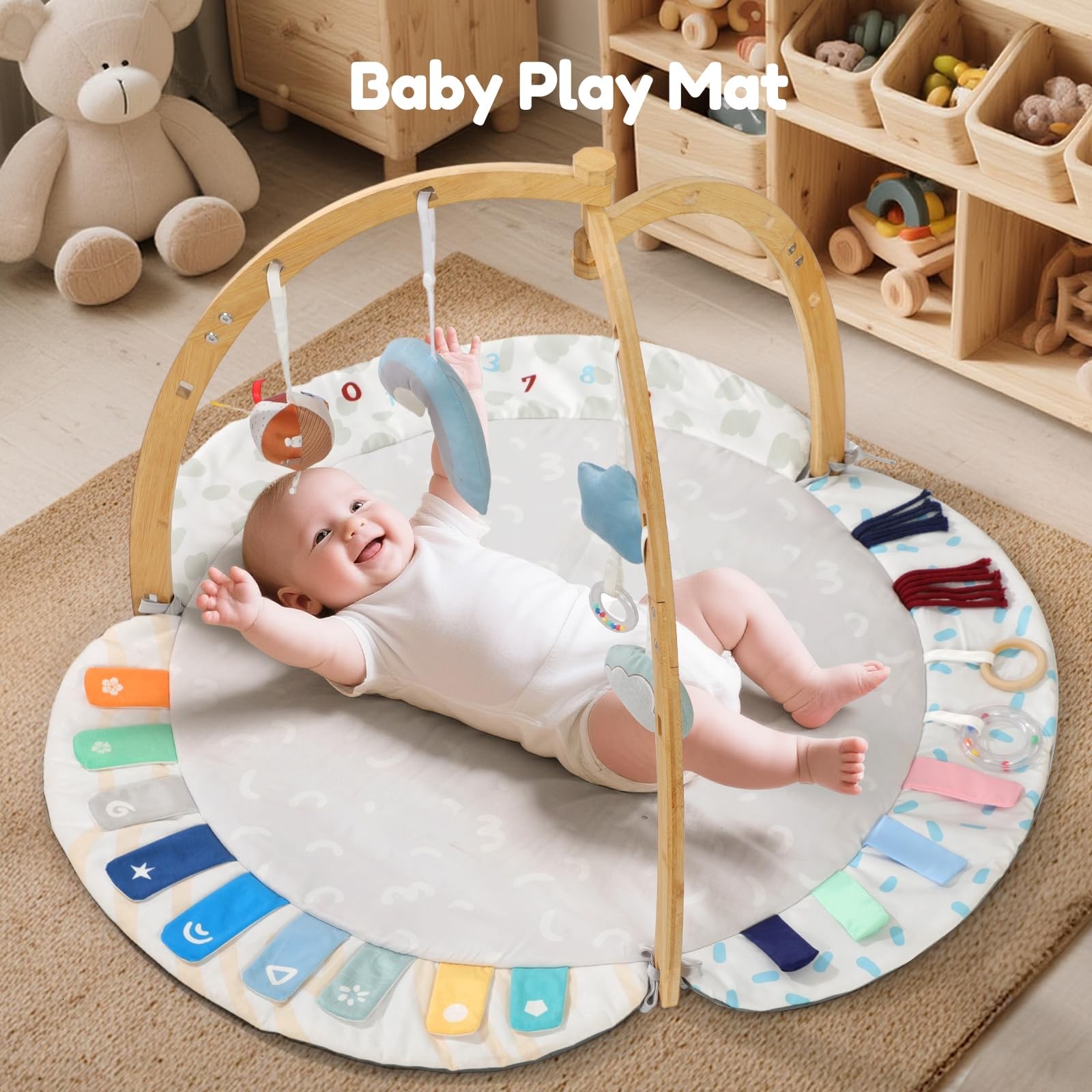 Baby Play Gym & Activity Mat,Natural Organic Bamboo Frame with 4 Detachable S...