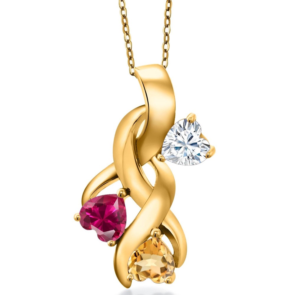 18K Yellow Gold Plated Silver White Moissanite and Created Ruby and Citrine