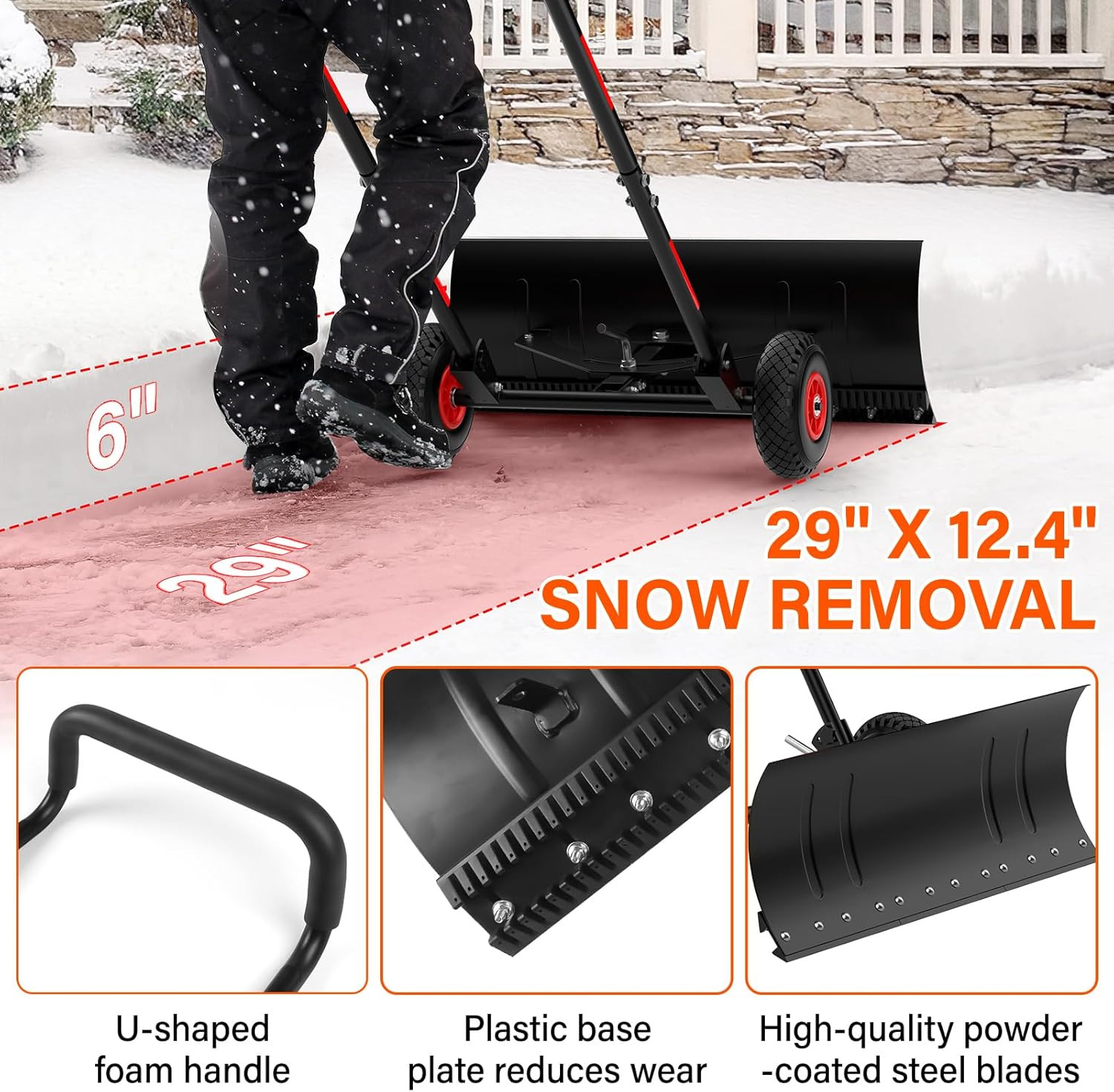 Snow Shovel with Wheels,Heavy Duty Steel Snow Shovel Pusher for Driveways,Sidewa
