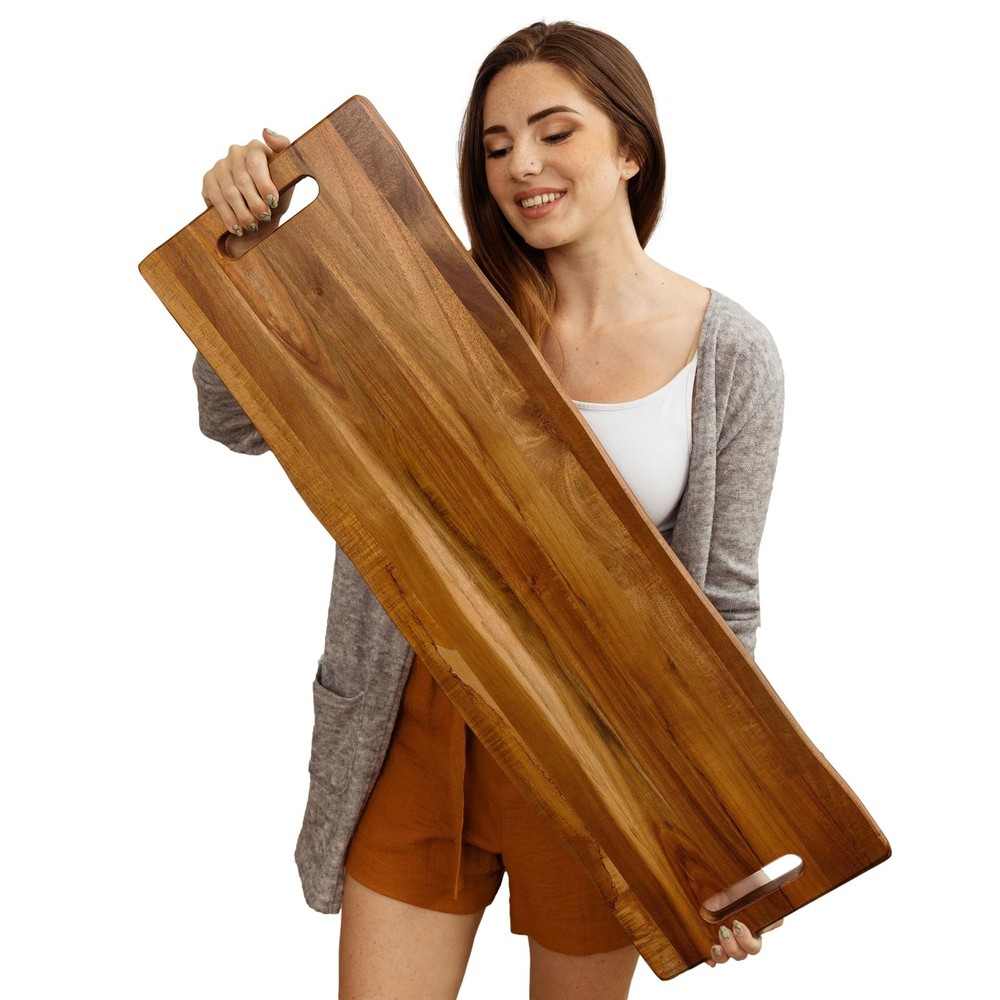 Large Acacia Serving Board with Handles, 36 x 12 Inch Rectangular Charcuterie...