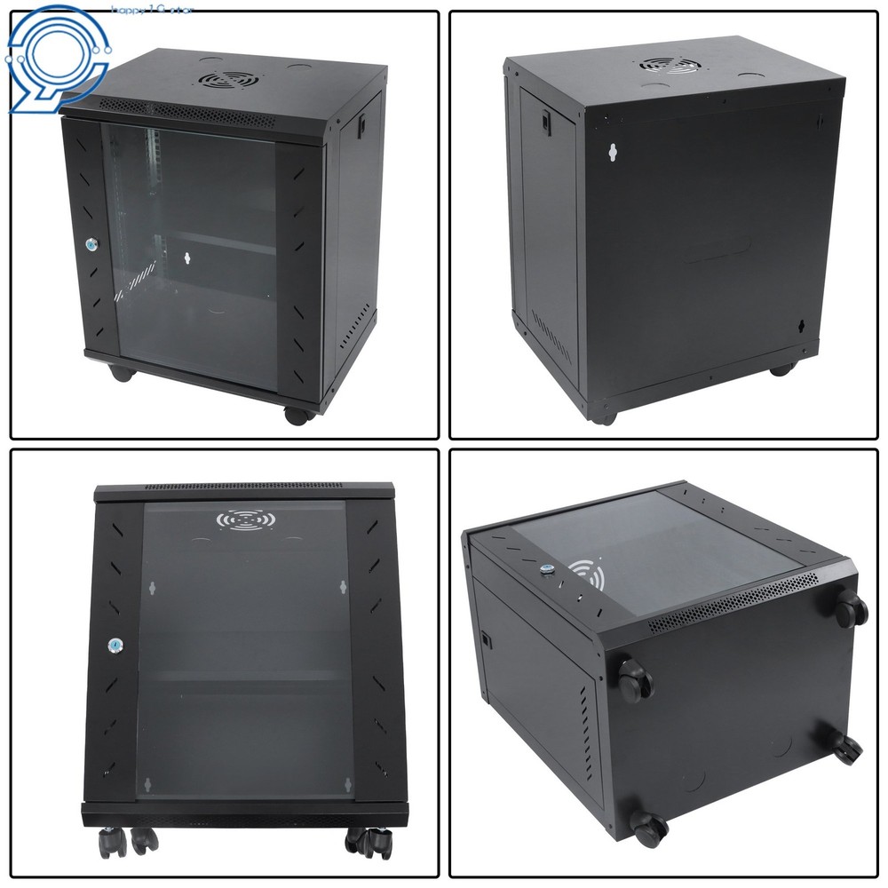 Enclosed Server Rack 12U 15.5" Deep, Secure Lock Glass Front & Sides