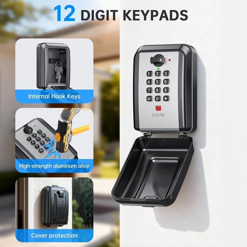Key Lock Box,12 Digit Combination LockBox for Keys,Resttable Code,Large Capac...