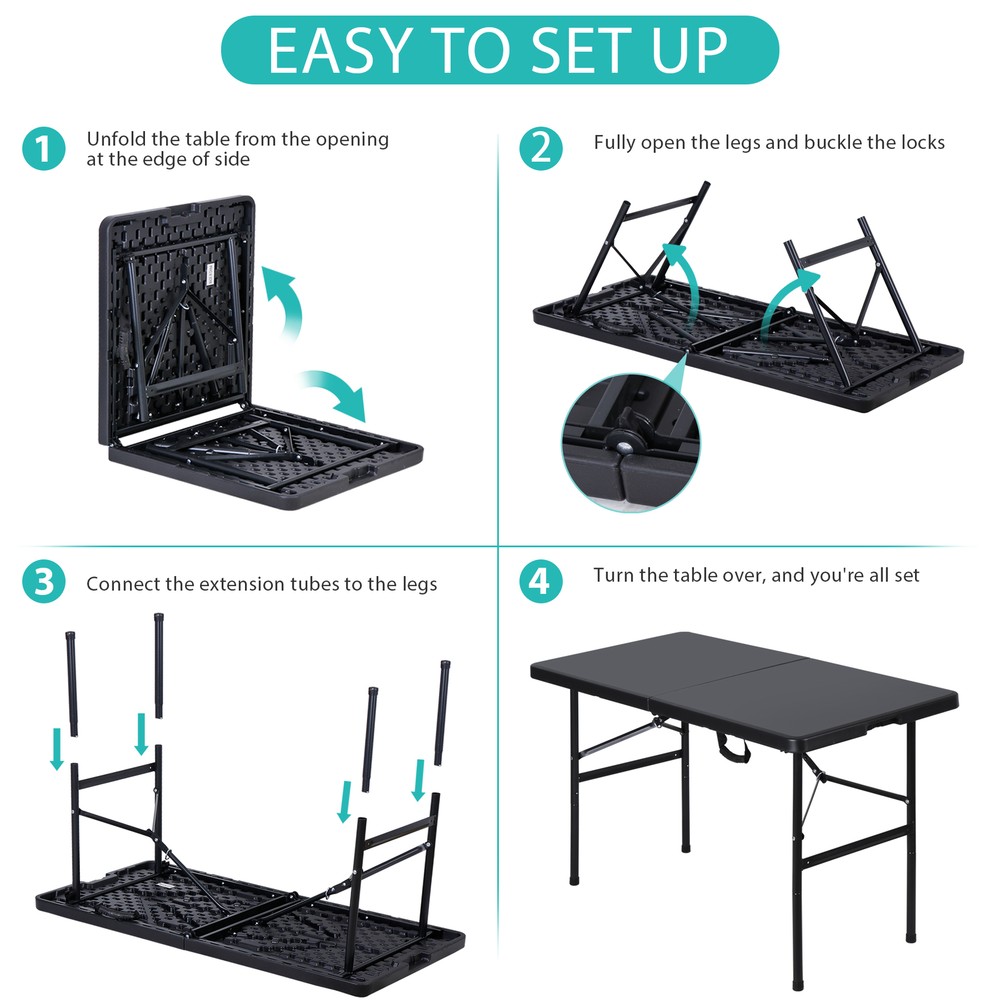 Folding Table 4FT Plastic Fold-in-Half Utility Dining Table for Camping Picnic