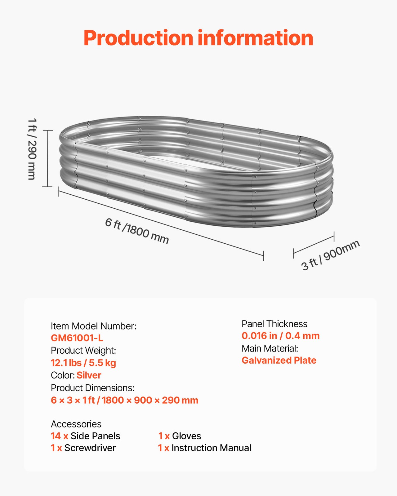VEVOR Metal Raised Garden Bed Galvanized Planter Box 6x3x1 ft Galvanized Color