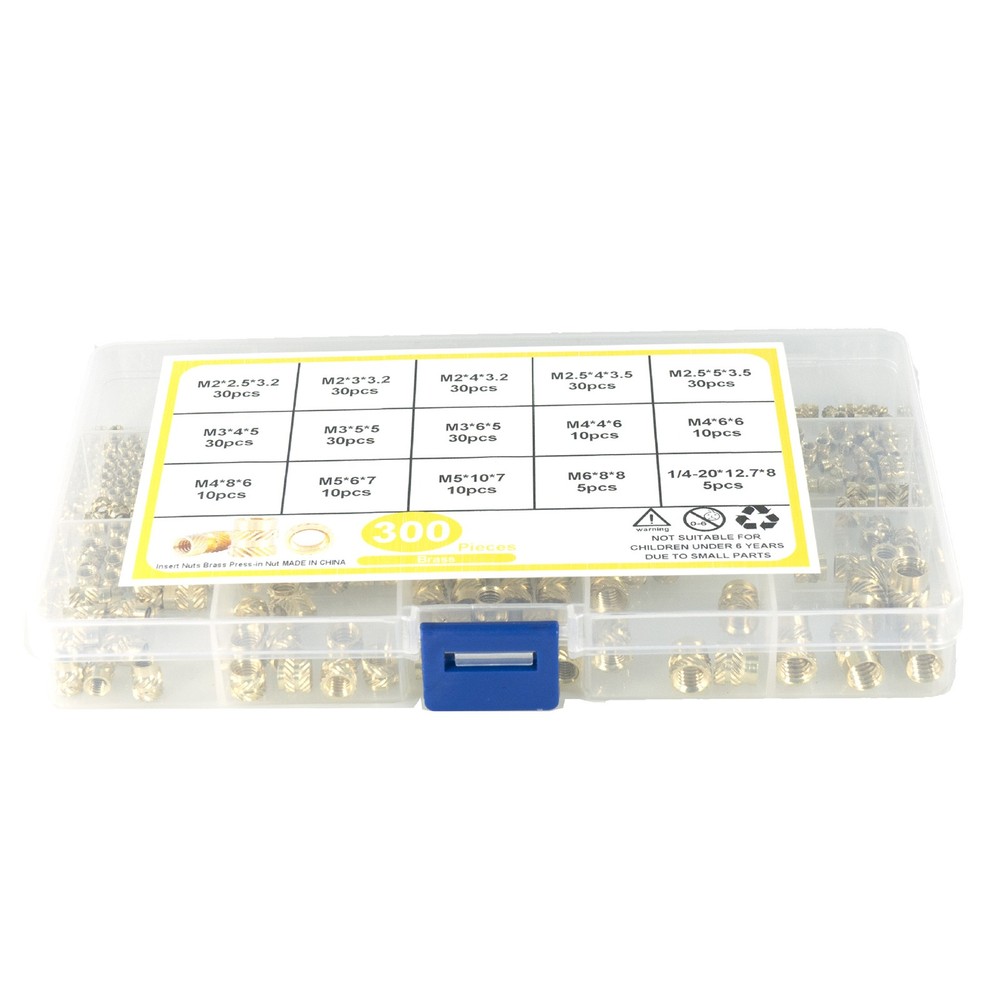 300Pcs M2-M6 Thread Knurled Brass Threaded Insert Embedment Nut Kit+Plastic Box