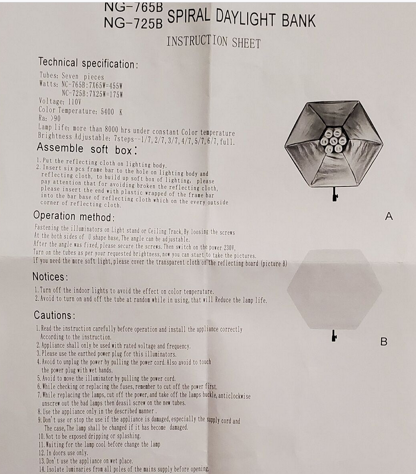 Studio Photography 7 Head Fluorescent Light Socket with Softbox & Soft Diffuser