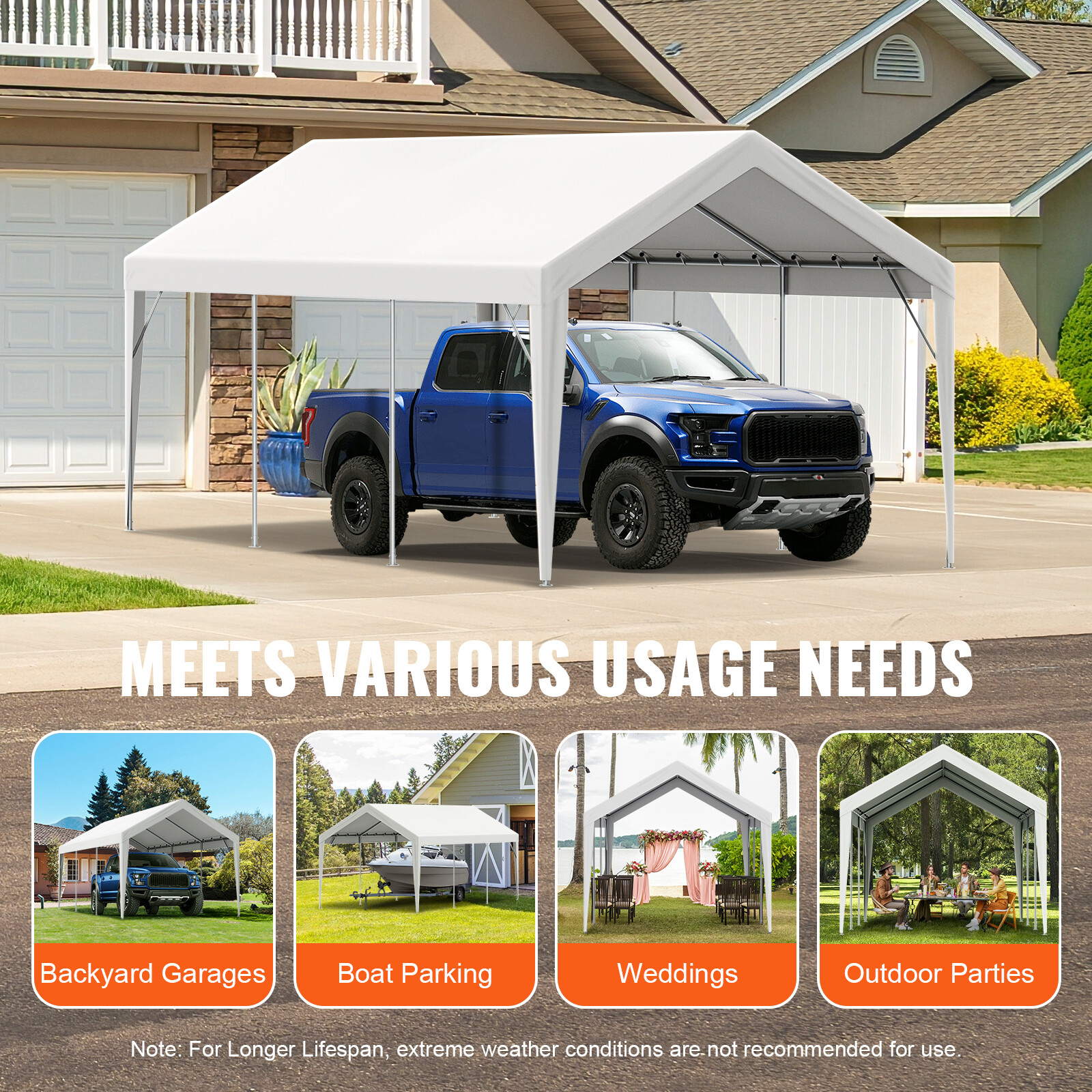 VEVOR Carport Replacement Canopy Car Shelter Tent Cover 10 x 20 ft White