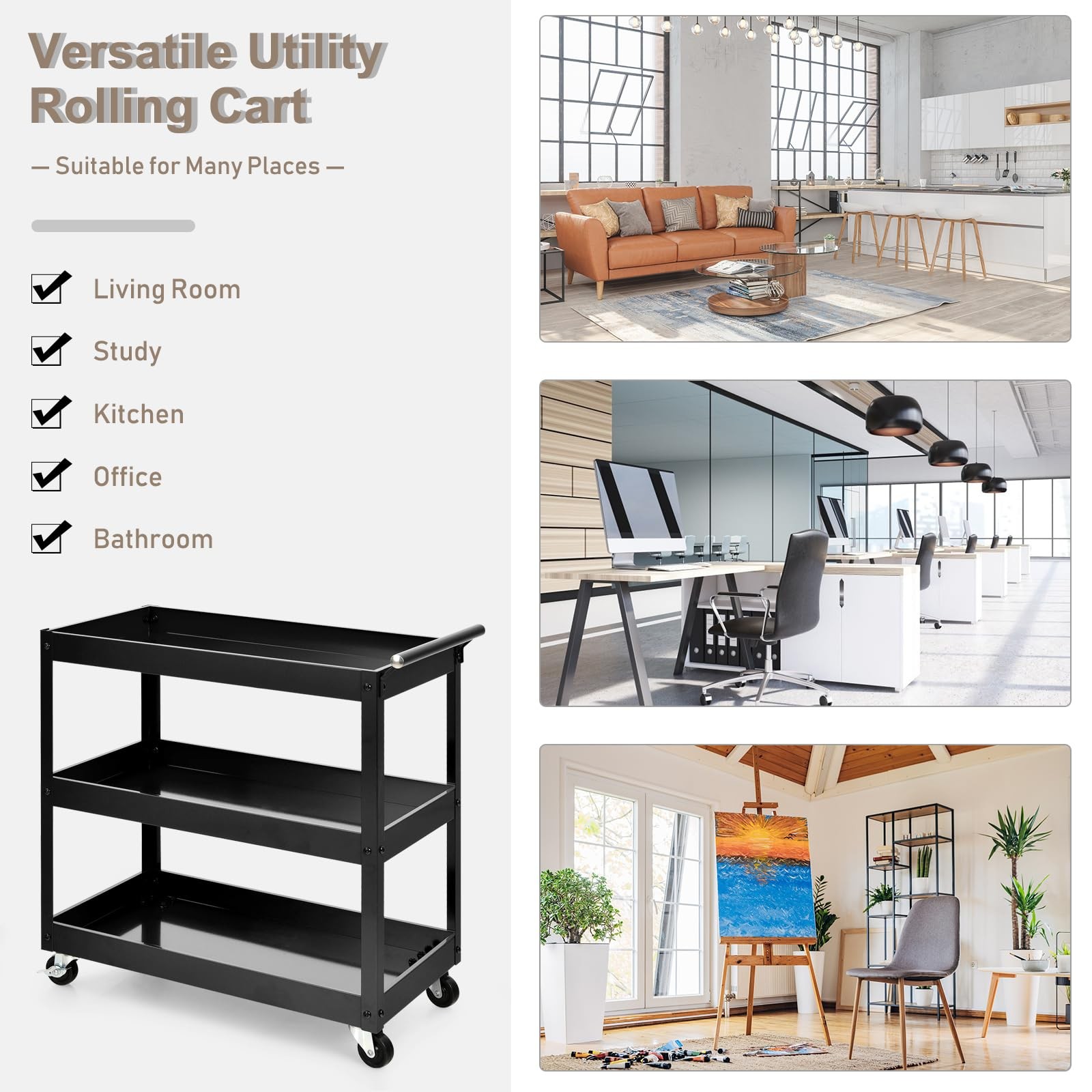 Heavy Duty 3 Tier Metal Rolling Cart 330LBS Capacity with Brake Wheels Black