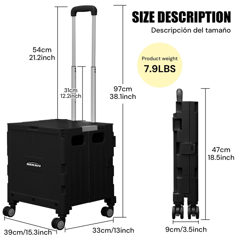 Foldable Rolling Crate with Lid & Telescopic Handle Portable Utility Cart Multi