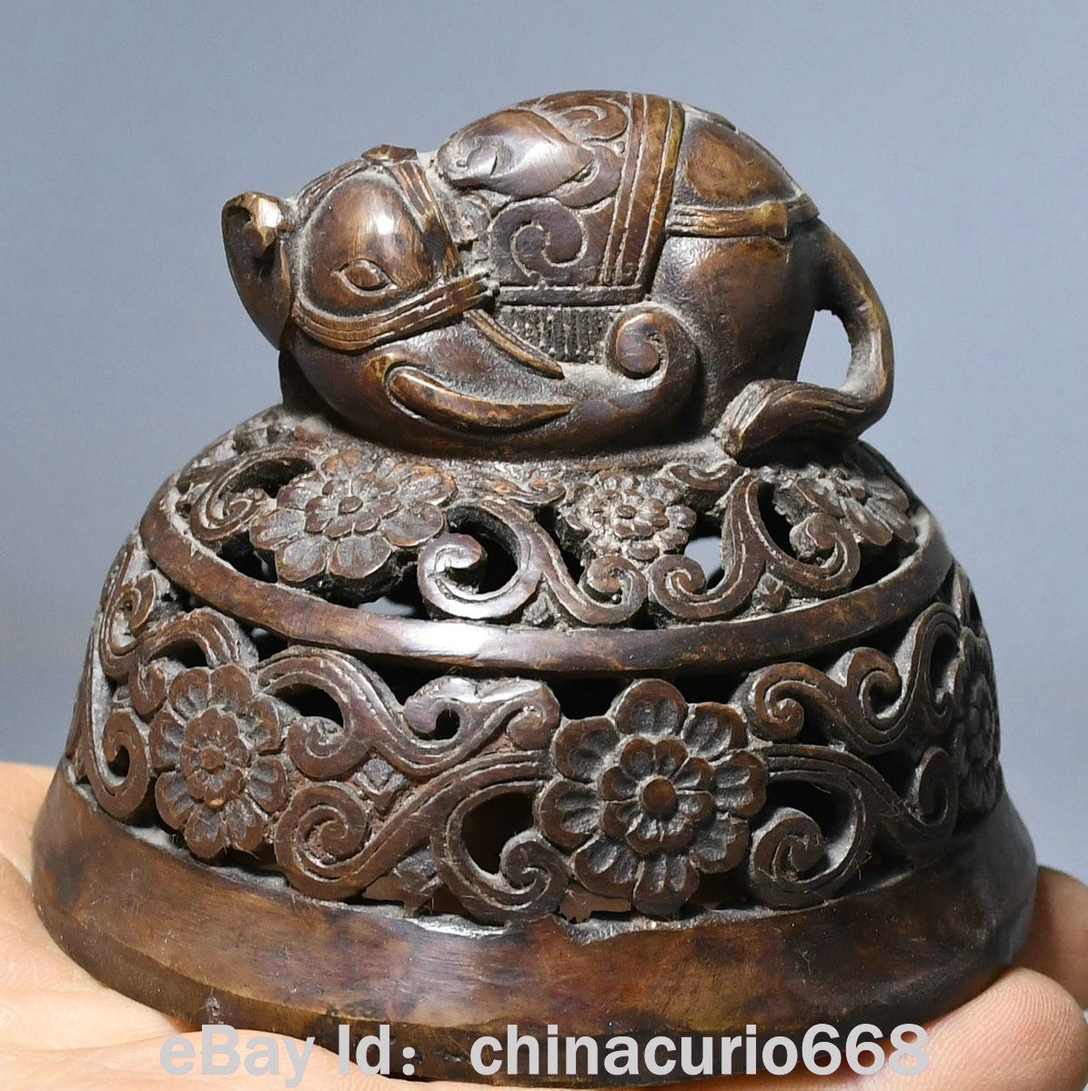 8" Marked Old China Copper Carving Dynasty Palace Elephant Ear Flower Censer