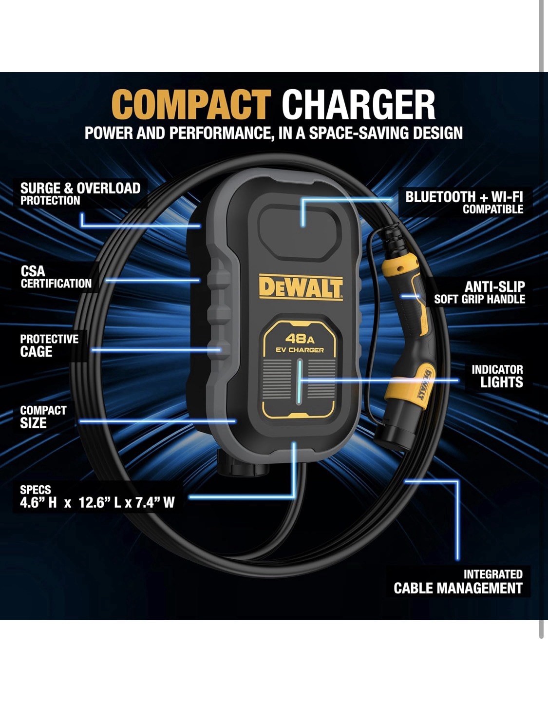 DEWALT 48A L2 Compact TESLA EV Charger 48A 240V 20FT HARDWIRED DXPAEV048CP-TL