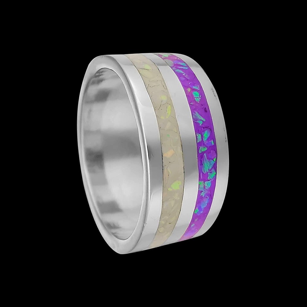 925 Sterling Silver White & Violet Opal Two-Loop Statement Ring - Handmade...