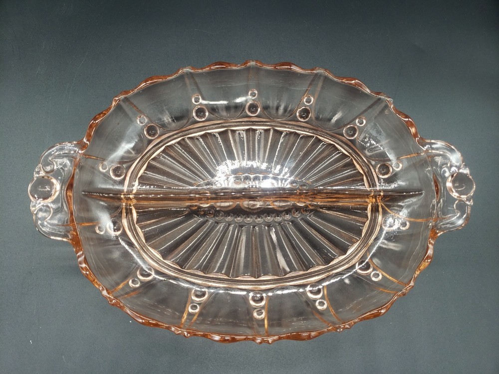 ANCHOR HOCKING DIVIDED SERVING DISH PINK DEPRESSION GLASS