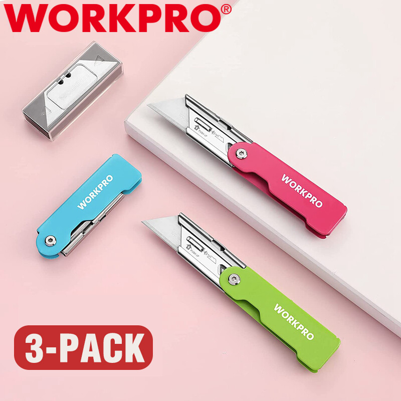 WORKPRO 3PC Compact Folding Utility Knife Clip Pocket Knife Box Cutter 10 Blades