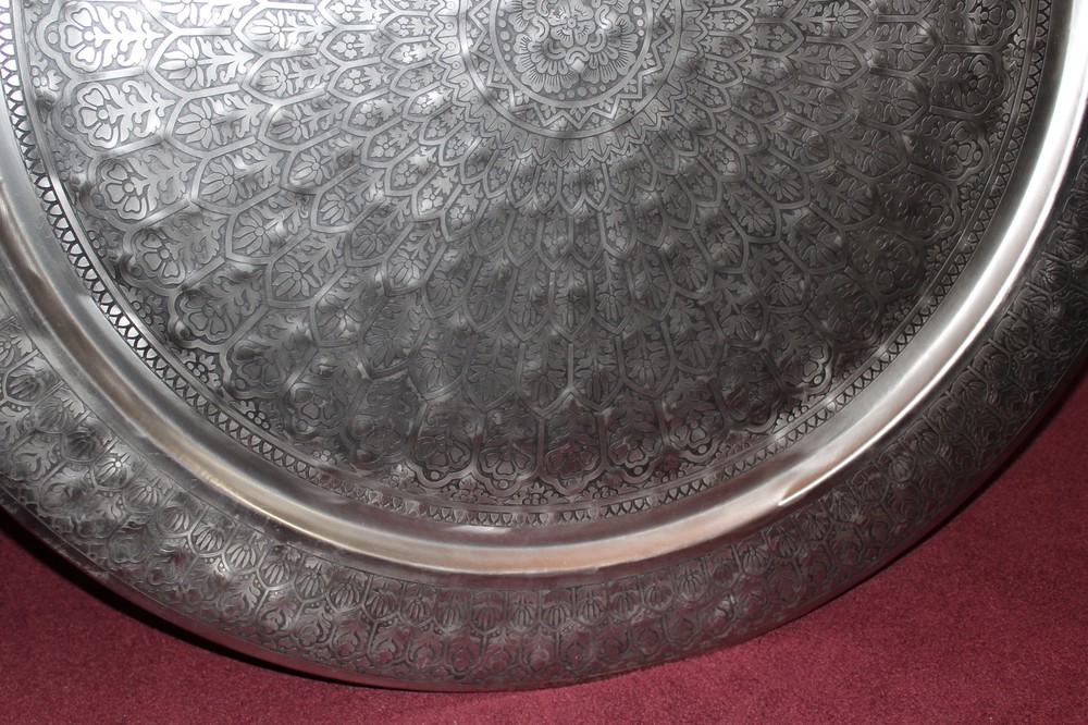 HUGE Arabic Middle Eastern Silver Metal Circular Table Top Wall Decor Engraved