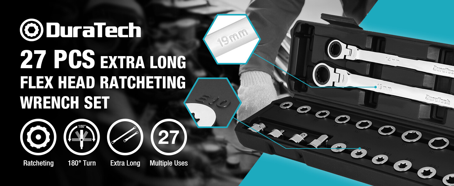 DURATECH 27PCS Extra Long Ratcheting Wrench Set Flex Head 8-22mm Socket Adapters