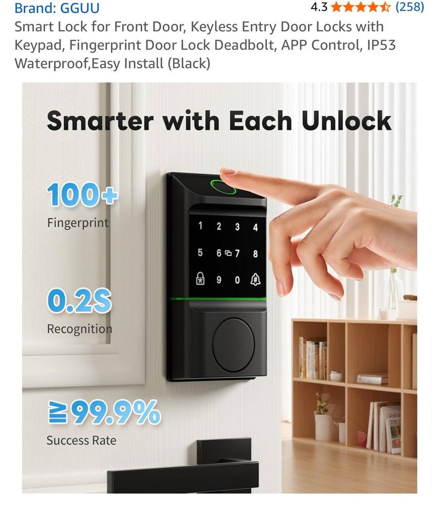 Gguu Smart Keyless Door Lock Black – Fingerprint, Keypad, App Control