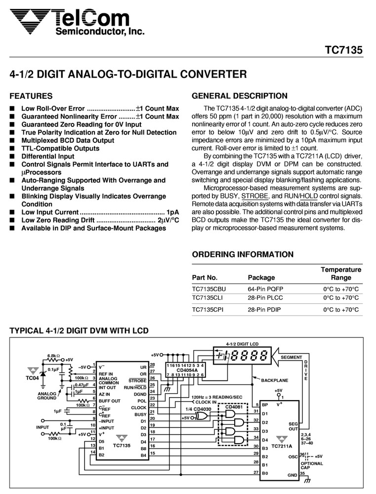 TC7135CPI TelCom 4½-Digit A/D Converter Multiplexed BCD Outputs DIP-28