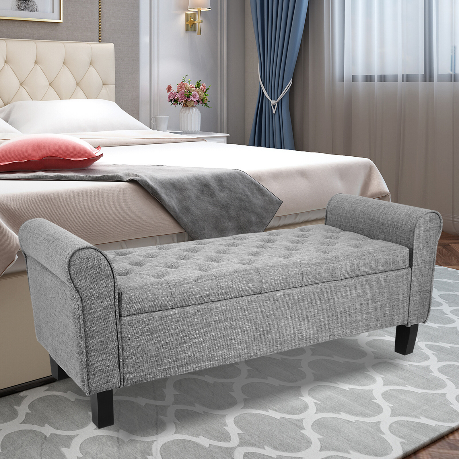 51" Upholstered Storage Ottoman End of Bed Bench Foot Rest with Rolled Arms