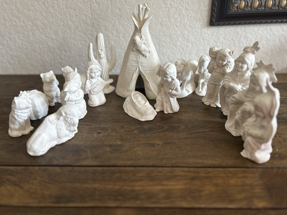 Ceramic Bisque Native American Nativity Set 17 Pc AS IS Feather Damage