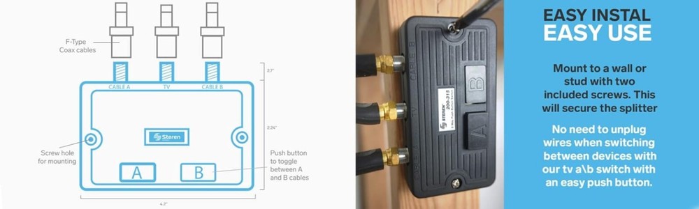 Easy Install Coax Cable Splitter & Manual AB Switch - Dual Device Solution