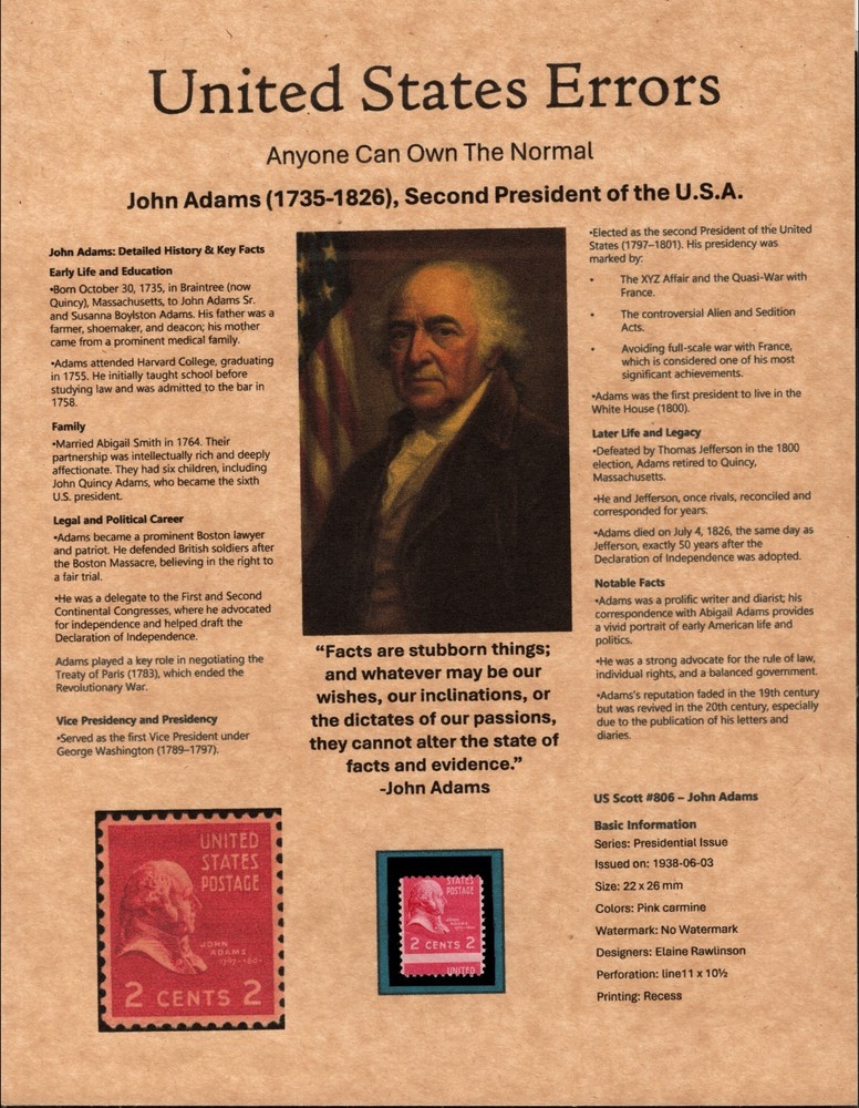Perfectly Flawed SN 806 MNH - Misperf on Custom Presentation Panel 8.5” X 11”