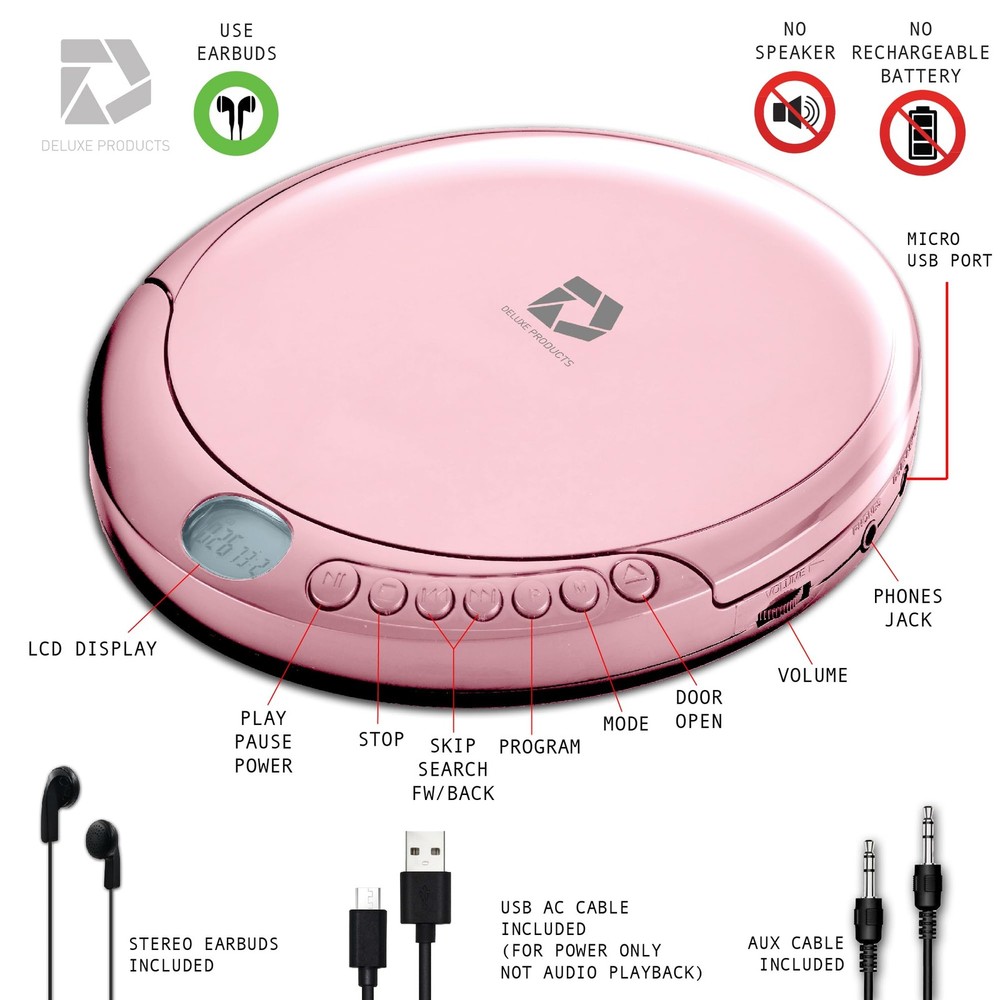 CD Player Portable with 60 Second Anti Skip, Stereo Earbuds, Includes Aux in ...