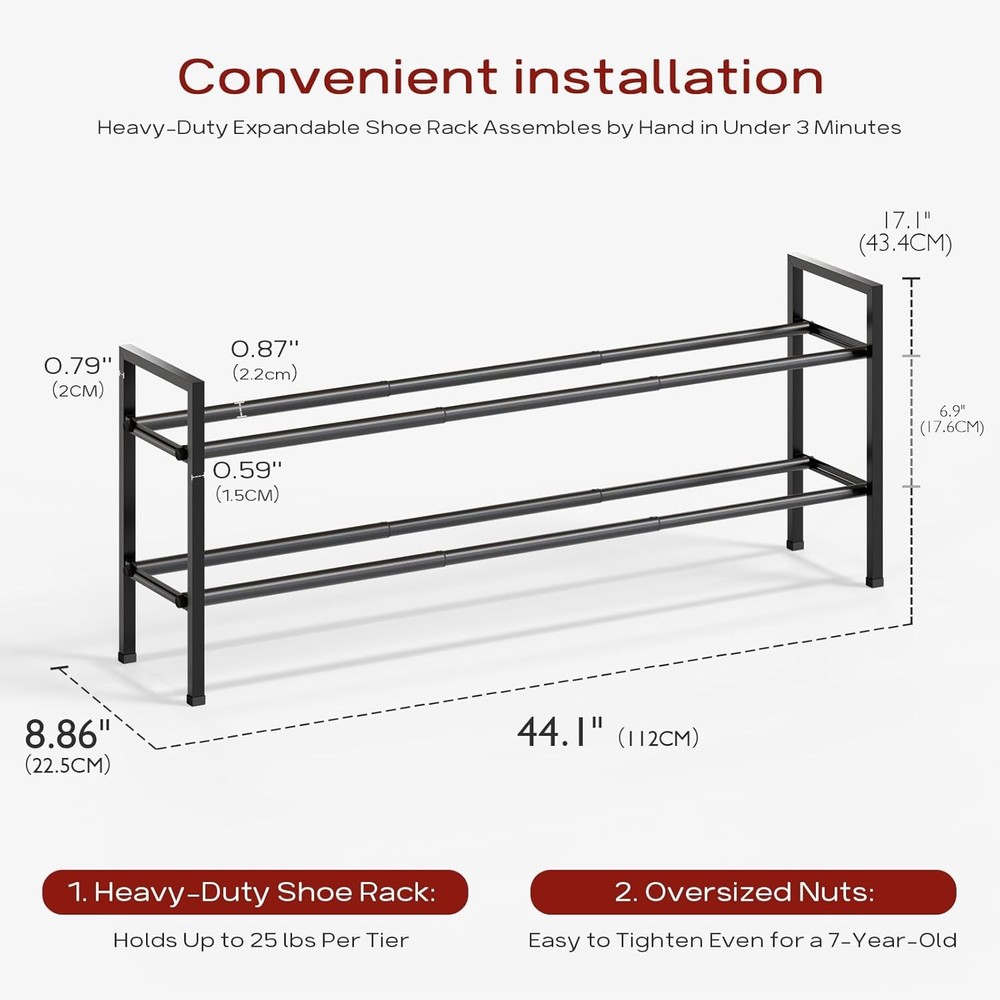 2-Tier Long Expandable Shoe Rack for Closet, 18"-44" Adjustable
