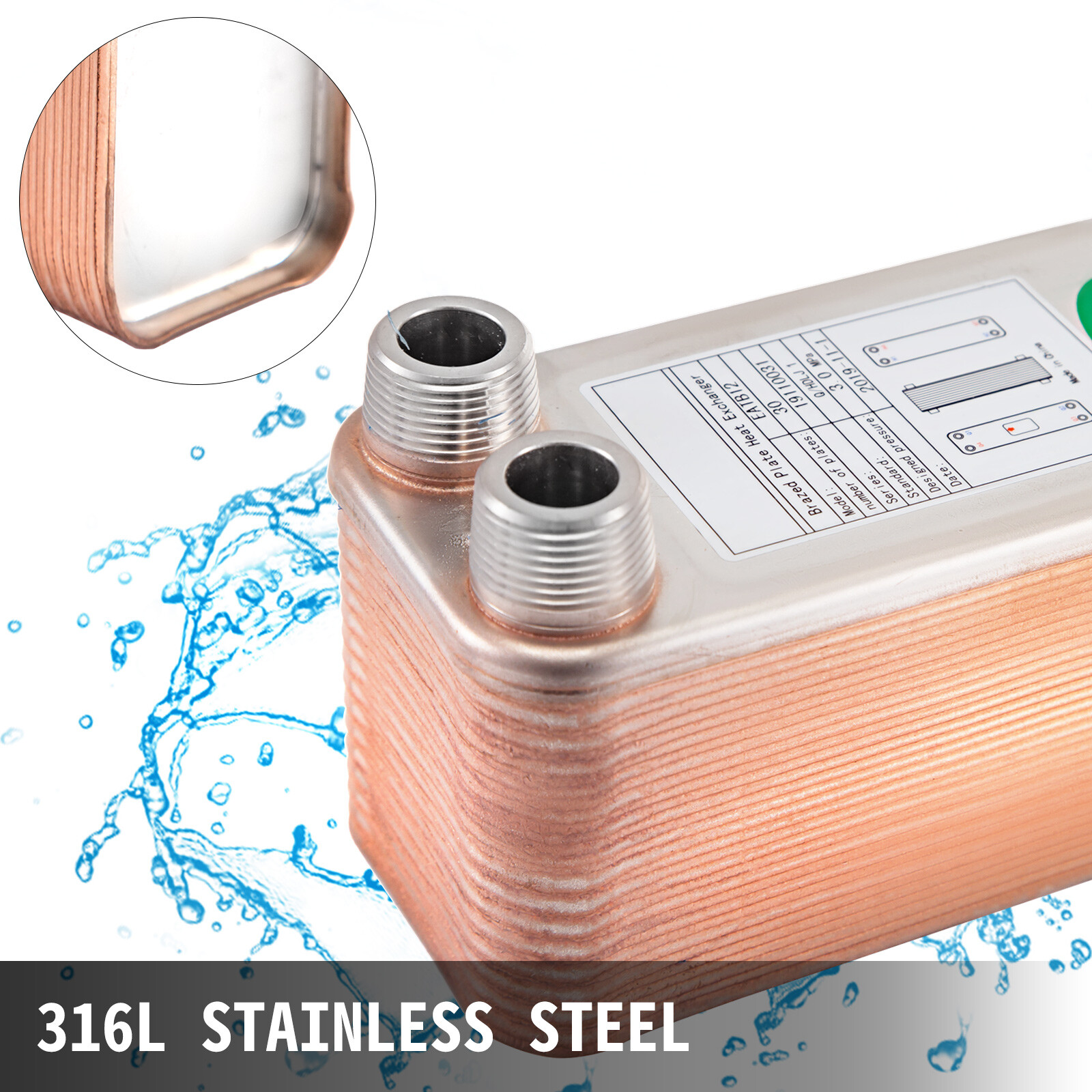 30 Plate Brazed Heat Exchanger w/ Brackets 3"x8" 3/4" MPT 316L Stainless Steel